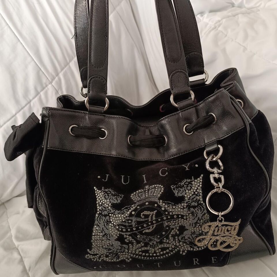 Juicy Couture Daydreamer Scottie Dog Rhinestone Black Tote Bag Purse Vintage Bow