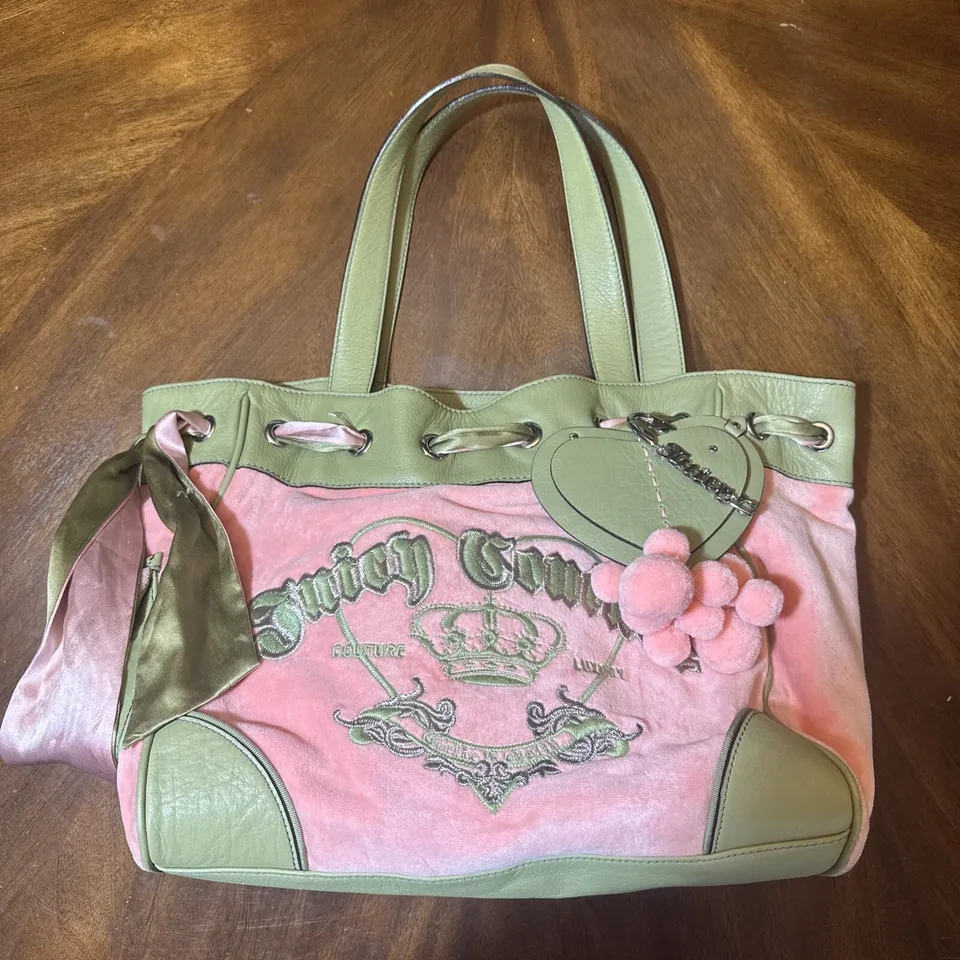 Vintage Pink Green HandBag PomPom Juicy Couture Daydreamer Bag Purse Y2K Barbie